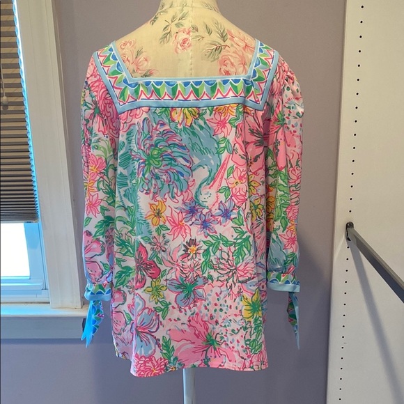 Lilly Pulitzer Pink and Blue Graphic Tie Front Blouse - Picture 6 of 9